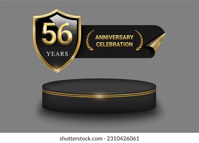 Template golden logo 56th anniversary with shield and cylinder podium vector on gray background