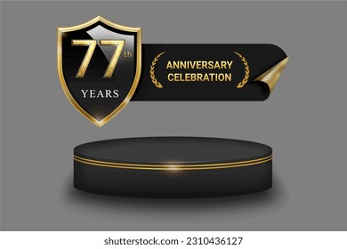 Template golden logo 77th anniversary with shield and cylinder podium vector on gray background