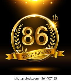 Template golden logo 86th anniversary with ring and laurel branches on dark background
