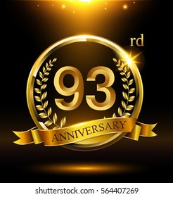 Template golden logo 99th anniversary with ring and laurel branches on dark background