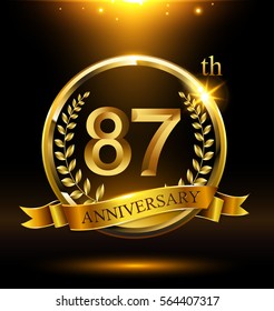 Template golden logo 99th anniversary with ring and laurel branches on dark background