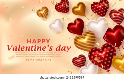 Template of golden luxury banner with red, white and yellow balloons in heart shape and confetti. Happy Valentine's Day greeting card with 3d realistic  romantic heart balloons and streamers