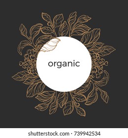 Template of golden mate branches with realistic leaves, berry and flowers. Organic product. Silhouette, art line. Botanical illustration in circle. Sketch. Vector isolated on black background eps.10