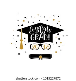 Template of the graduation class in 2018. Graduation design with hut and text. Congrats Grad. Concept shirt, seal, stamp or stamp, greetings, invitation.