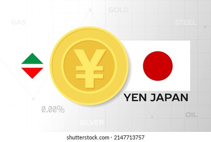 Plantilla de un gráfico del crecimiento y caída del tipo de cambio o el cambio de moneda con metales preciosos. Moneda con signo de yen y bandera de Japón 