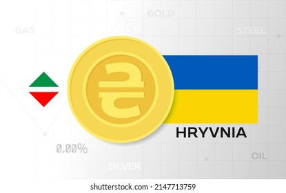 Template of a graph of the growth and fall of the exchange rate or currency exchange with precious metals. Coin with hryvnia sign and Ukraine flag 