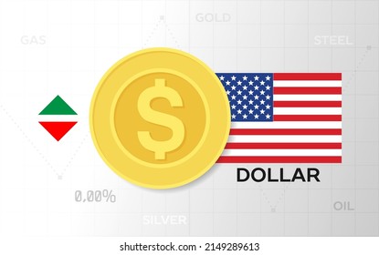 Template of a graph of the growth and fall of the exchange rate or currency exchange with precious metals. Coin with dollar sign and flag of America 