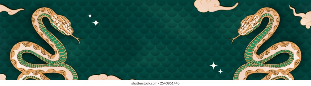 Template of green panoramic banner with hand drawn snake, clouds, stars, reptile scales and empty space for text. Lunar New Year 2025 header in asian style with copy space, Christmas blank card