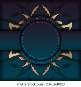 Template Greeting Brochure with gradient blue color with mandala gold pattern prepared for typography.