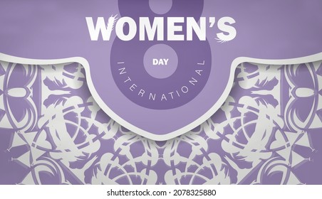 Template Greeting card 8 March purple color with winter white ornament
