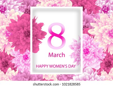 Template Greeting card with background flowers March 8 International Women's Day. Vector Illustration.