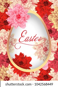 Template Greeting card with background flowers and egg. Paschal decoration. Vector Illustration.