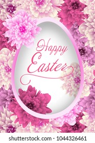 Template Greeting card with background flowers and egg. Paschal decoration. Vector Illustration.
