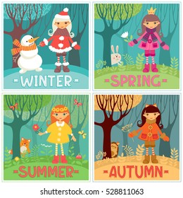 Template greeting card or banner with the girl in the forest. Seasons. Set