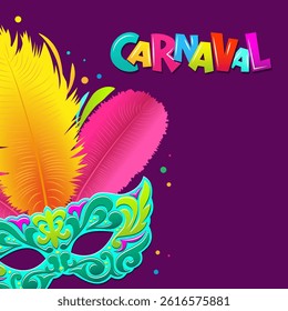 Template greeting card banner for holiday carnival and venice festival party with colorful tinsel and mask purple background. Vector illustration.