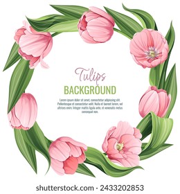 Template for greeting card, banner with pink tulips. Spring background for International Women's Day, March 8. Frame with delicate spring flowers.