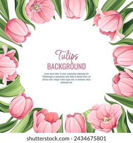 Template for greeting card, banner with pink tulips. Spring background for International Women's Day, March 8. Frame with delicate spring flowers.