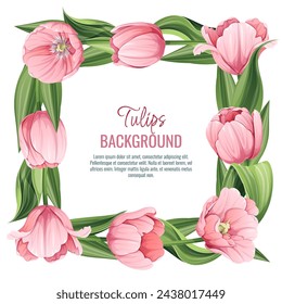 Template for greeting card, banner with pink tulips. Spring background for International Women's Day, March 8. Frame with delicate spring flowers.