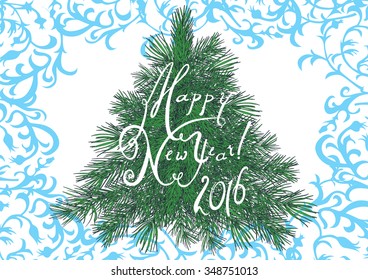 Template for greeting card, banner or poster. Christmas tree, frozen border and title. Happy new year 2016!