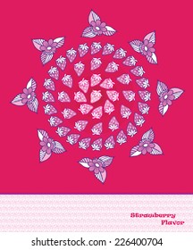 Template for greeting card or banner with stylized strawberries. 