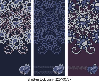 Template for greeting card or banner with stylized strawberries. Dark banners with stylized strawberries. Place for text. 