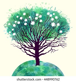 Template greeting card or banner with a tree. Spring or summer. Seasons