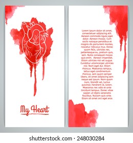Template greeting card or banner. Watercolor texture with a silhouette of the human heart. Place for your text. Vector.