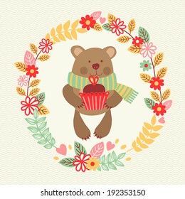 Template greeting card with bear.
