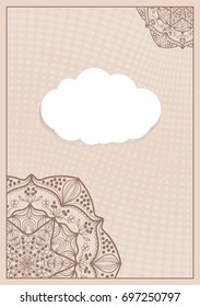 Template for Greeting Card. Beige Color. Design Invitation with Cloud, Floral pattern. Vector illustration