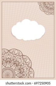 Template for Greeting Card. Beige Color. Design Invitation with Cloud, Floral pattern. Vector illustration