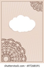 Template for Greeting Card. Beige Color. Design Invitation with Cloud, Floral pattern. Vector illustration