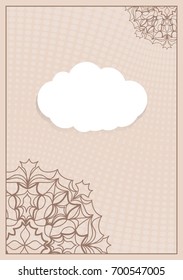 Template for Greeting Card. Beige Color. Design Invitation with Cloud, Floral pattern. Vector illustration