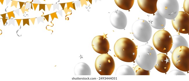 Template, greeting card, birthday celebration, holiday with white, gold balloon, flag and confetti. promotion, award