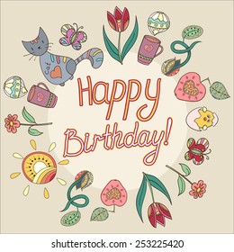 Template for greeting card birthday. Greeting card. Postcard with funny elements.