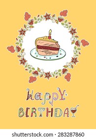 Template for greeting card birthday. Greeting card. Postcard with floral elements and cake.