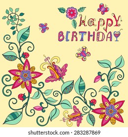 Template for greeting card birthday. Greeting card. Postcard with floral elements.