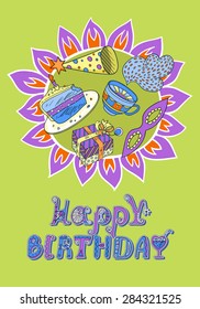 Template for greeting card birthday. Greeting card. Postcard with floral elements, present and cake. Invitation. 