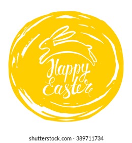 Template greeting card with bunny. Handwritten inscription Happy Easter. Vector background. Lettering, calligraphy. 