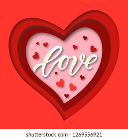 Template of greeting card with calligraphy lettering love on background of paper cut red hearts.Vector illustration. Invitation for Valentine s day, postcard, banner, print