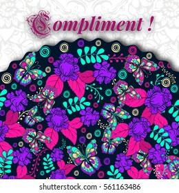 Template greeting card. compliments, congratulations.  made of flowers ,herbs, leaves  Doodle.