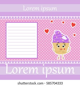 Template greeting card with cupcake. Note, happy birthday, banner, invitation. Cartoon. Vector.