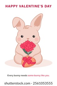 Template of greeting card with cute chubby bunny holding a heart-shaped gift box with a bow and a bouquet of beautiful pink flowers wishing Happy Valentine's Day. Romantic poster with kawaii rabbit