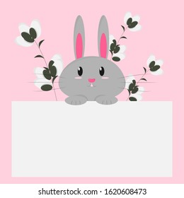Template for greeting card with a cute rabbit and willow. Easter theme. Vector. Flat cartoon style. Place for your text, congratulations or invitations.
