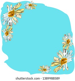 Template greeting card with daisies. Suitable for design. White background with yellow spot
