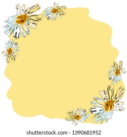 Template greeting card with daisies. Suitable for design. White background with yellow spot