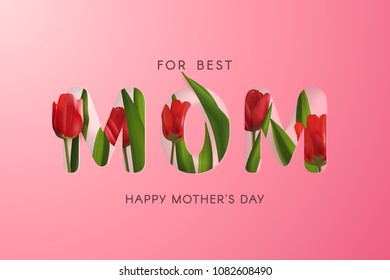 Template of greeting card for Mother’s day with vector red realistic tulips. Holiday pink background for design of flyers and banners with the text “Mom” which is cut out from paper.