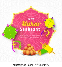 Template or greeting card design decorated with colorful kites, spools and Indian dessert on white seamless background.