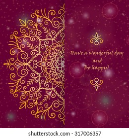 Template  greeting card design decorated with shiny pattern in oriental style. Golden Eastern mandala decor, frame for holiday design. Easily editable vector illustration
