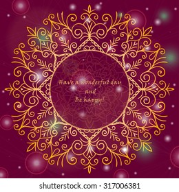 Template  greeting card design decorated with shiny pattern in oriental style. Golden Eastern mandala decor, frame for holiday design. Easily editable vector illustration