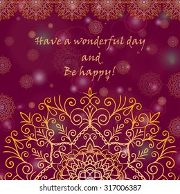 Template  greeting card design decorated with shiny pattern in oriental style. Golden Eastern mandala decor, frame for holiday design. Easily editable vector illustration